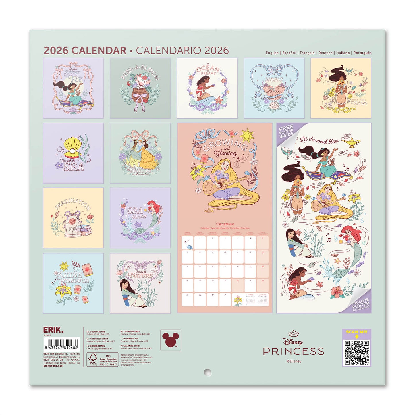Calendario De Pared 2026 Princesas Disney