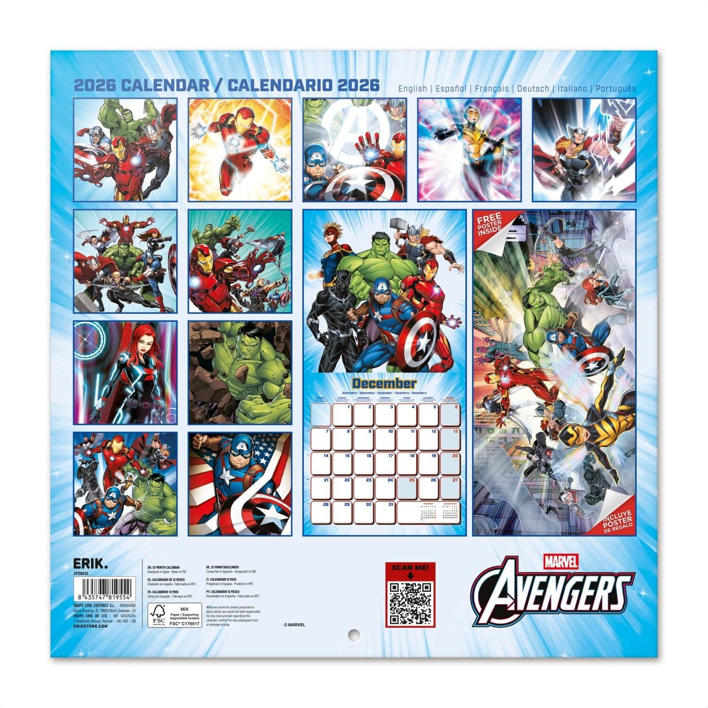 Calendario De Pared 2026 Los Vengadores Marvel