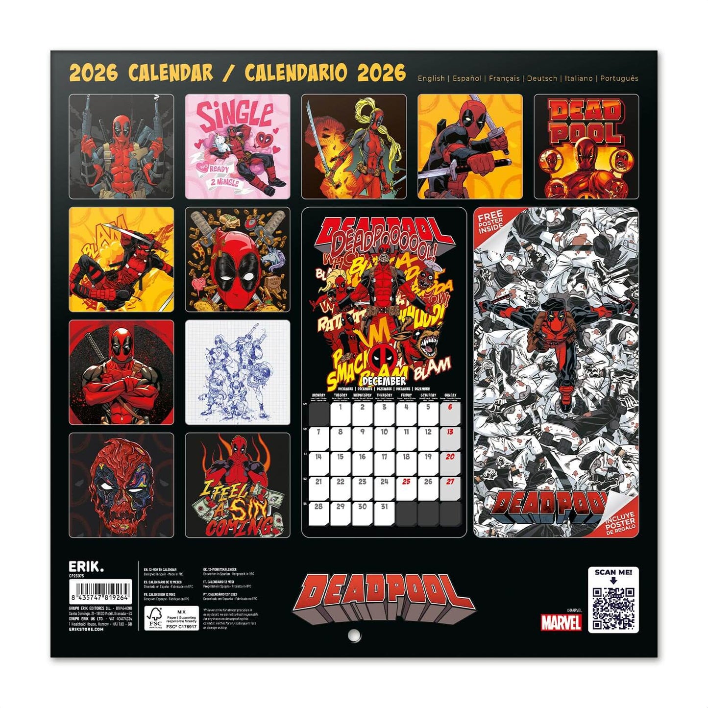 Calendario De Pared 2026 Deadpool Marvel