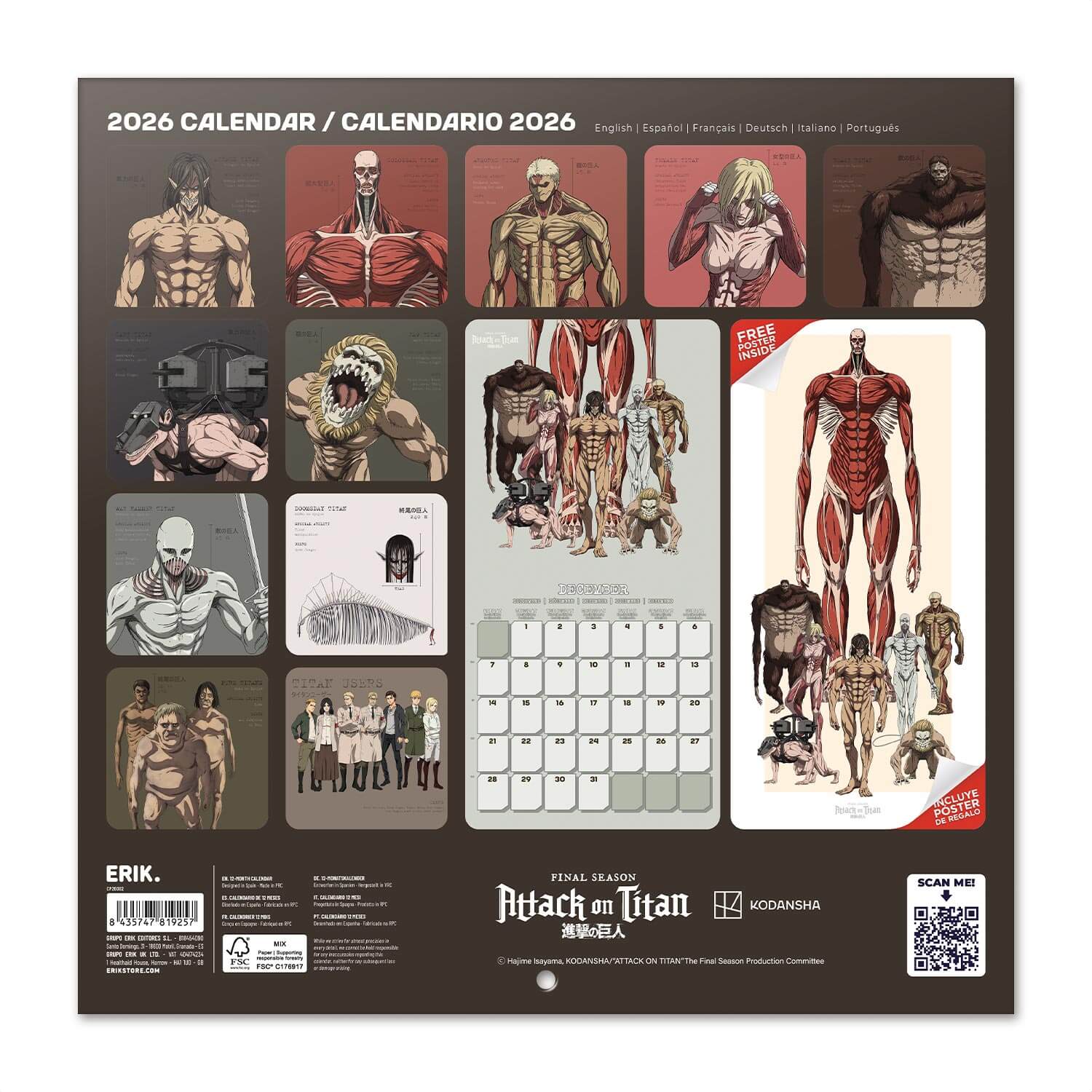 Calendario De Pared 2026 Attack On Titan