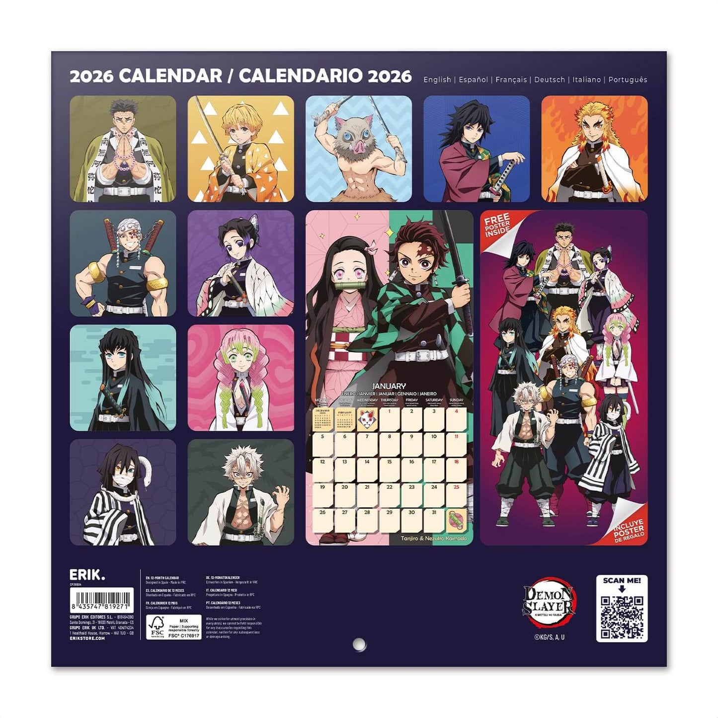 Calendario De Pared 2026 Demon Slayer