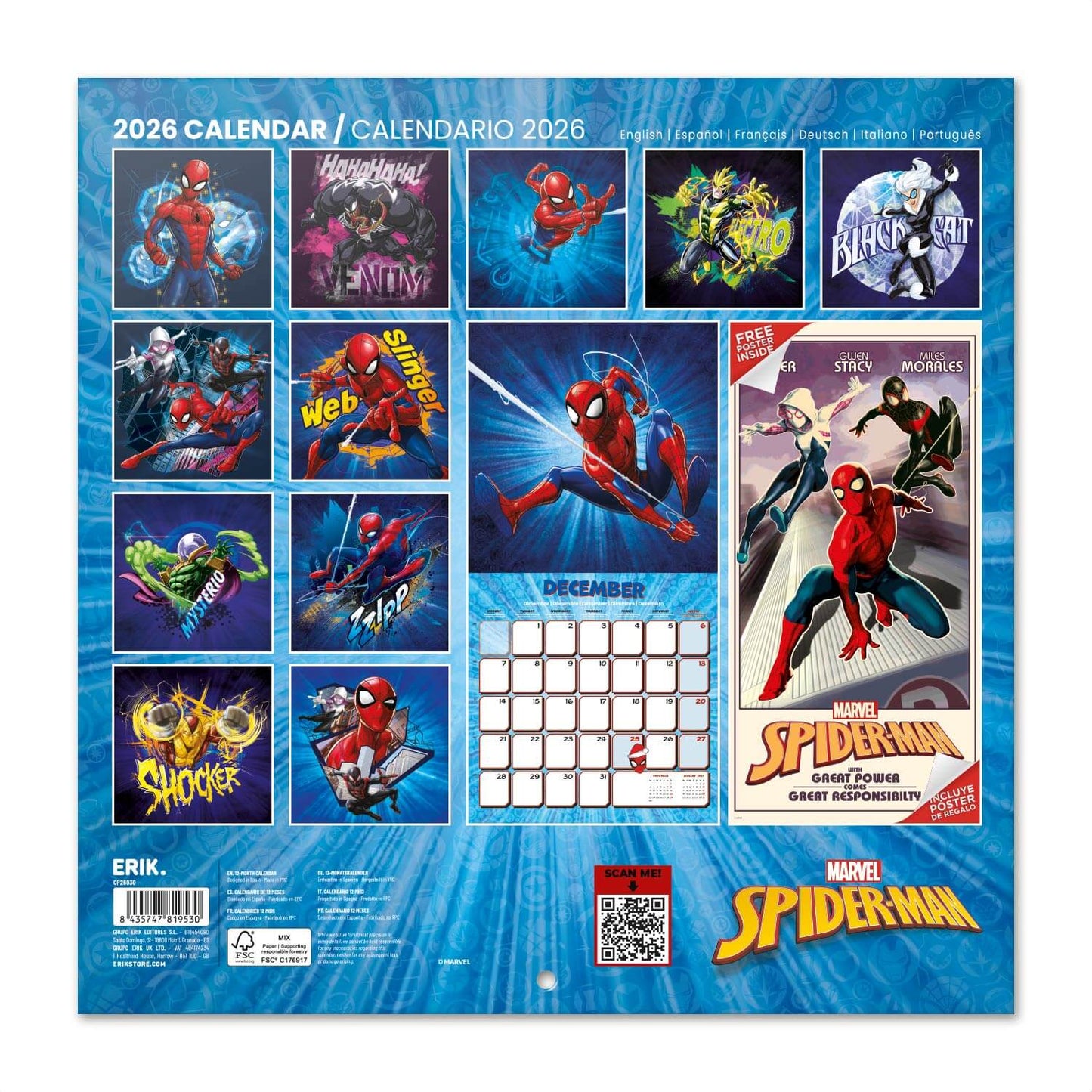 Calendario De Pared 2026 Spider-Man Marvel