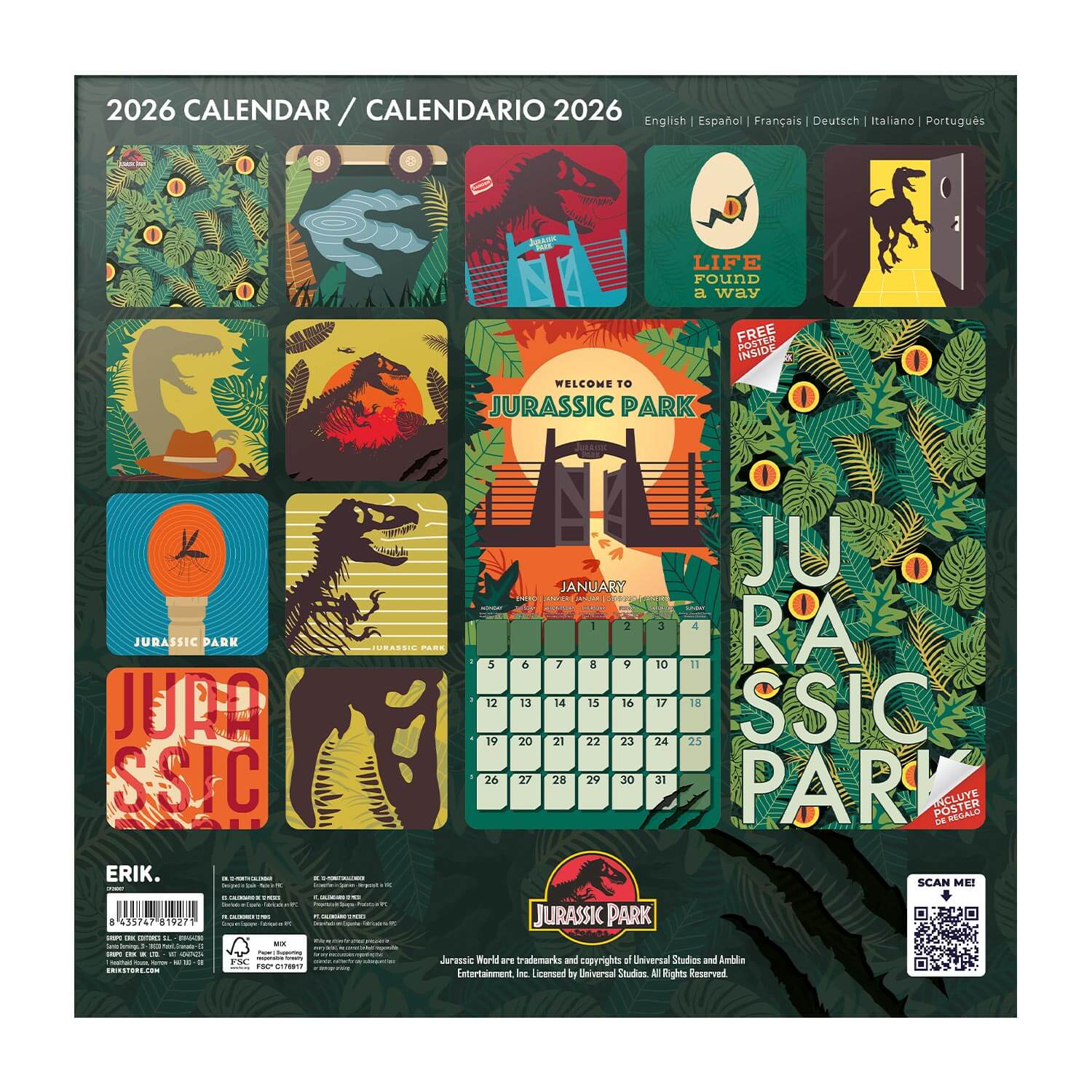 Calendario De Pared 2026 Jurassic Park
