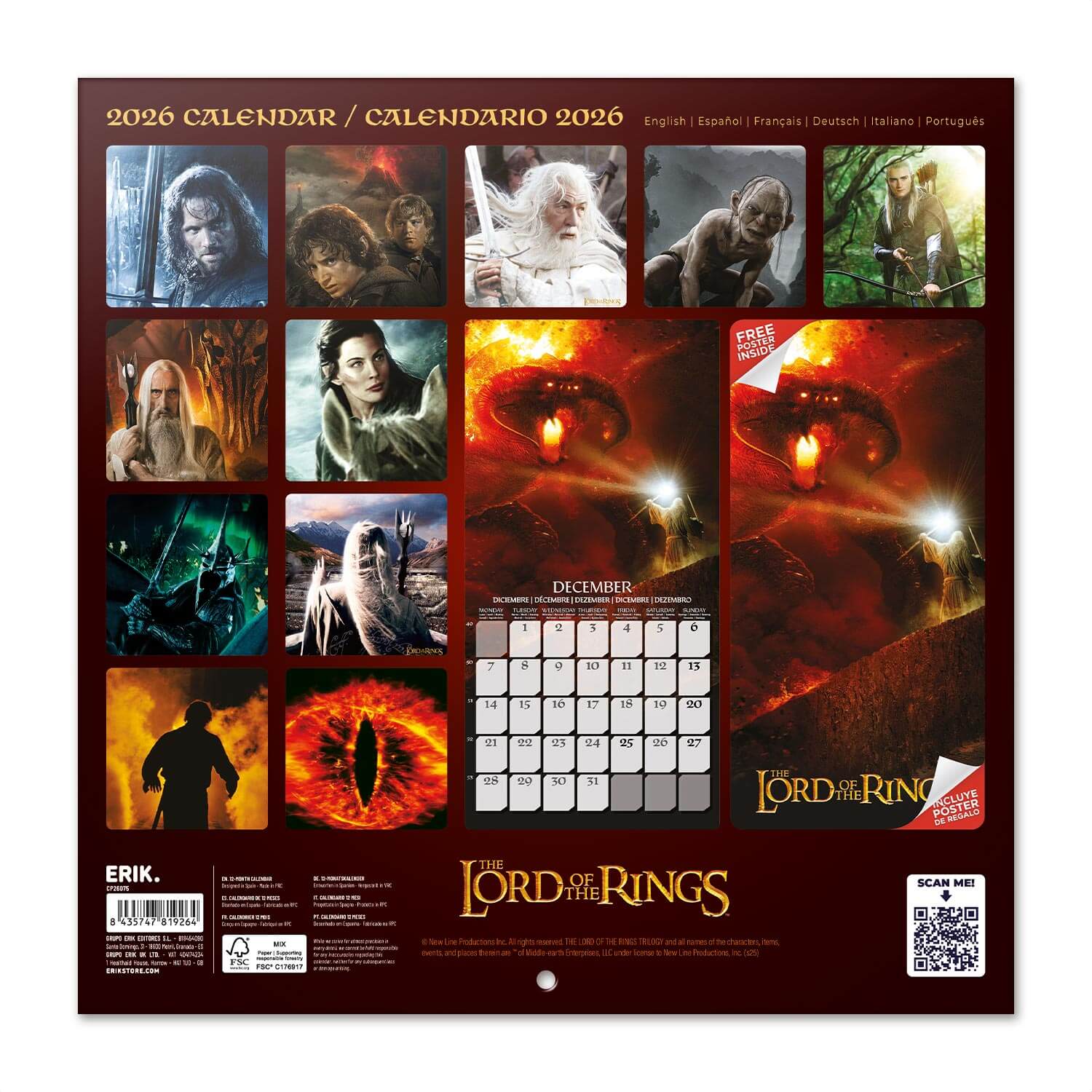 Calendario De Pared 2026 El Señor De Los Anillos