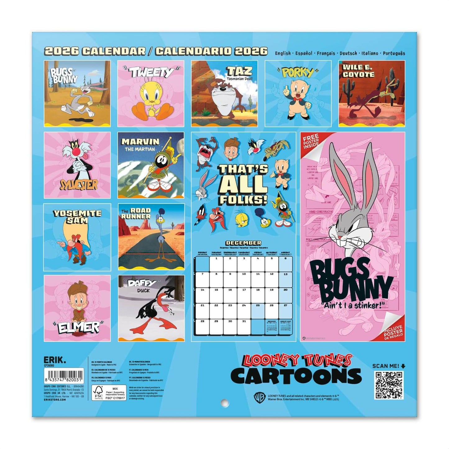 Calendario De Pared 2026 Looney Tunes