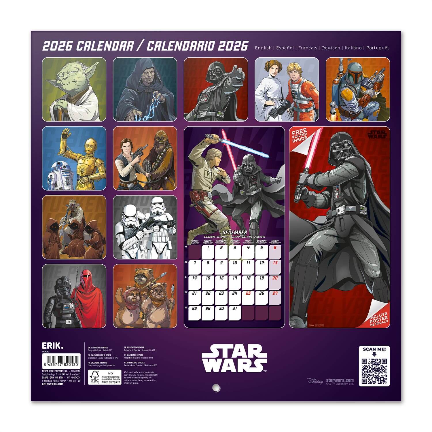 Calendario De Pared 2026 Star Wars