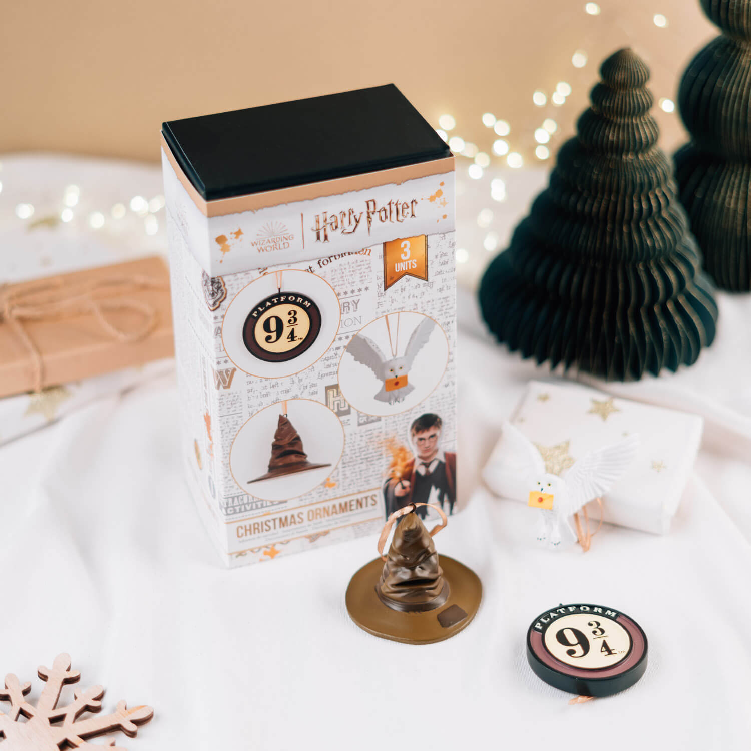 Set Adornos Navidad Harry Potter Sombrero Seleccionador, Andén 9 3/4 Y Hedwig