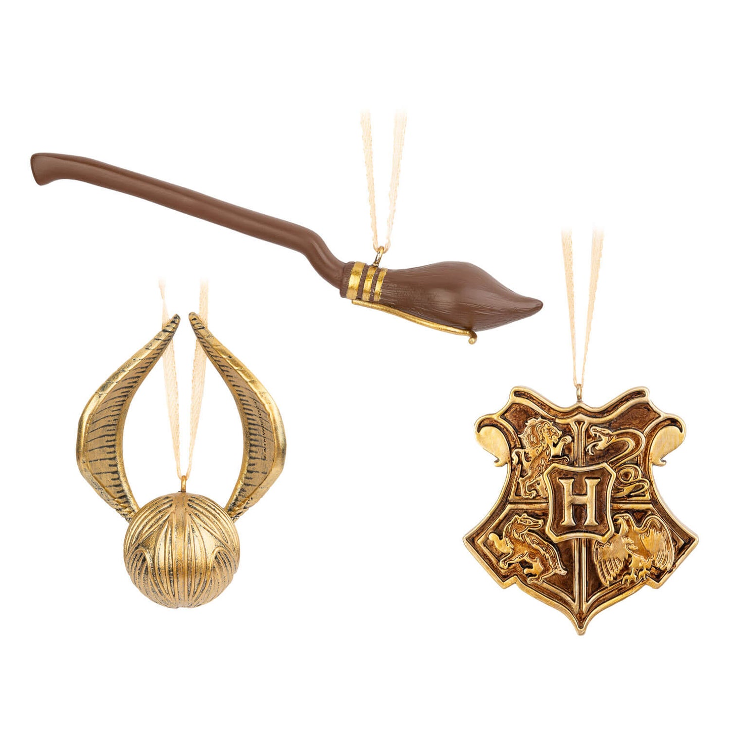 Set Adornos Navidad Harry Potter Snitch Dorada, Nimbus 2000 Y Escudo Hogwarts